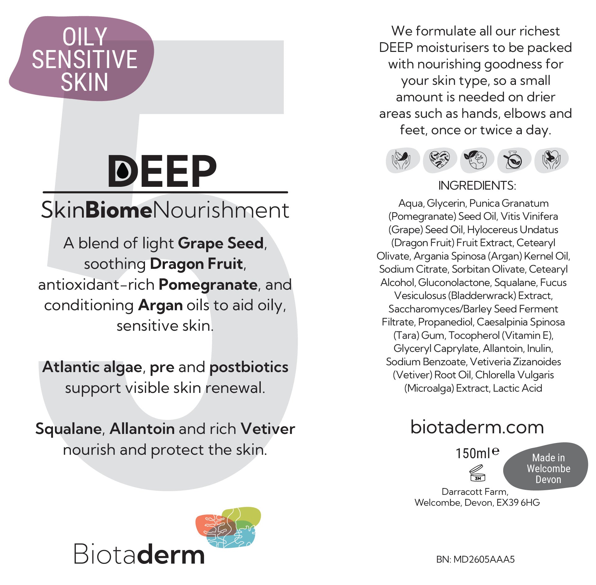 Biotaderm Deep — Oily Sensitive moisturizer label highlighting its richer formula for oily, sensitive skin on hands, elbows, and feet, with key ingredients and usage instructions for dry areas.