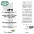Product info sheet for Biotaderm Flow — Dry Sensitive, a light moisturiser for dry, sensitive skin. Features ingredients, benefits, and contact details in black text on a white background.