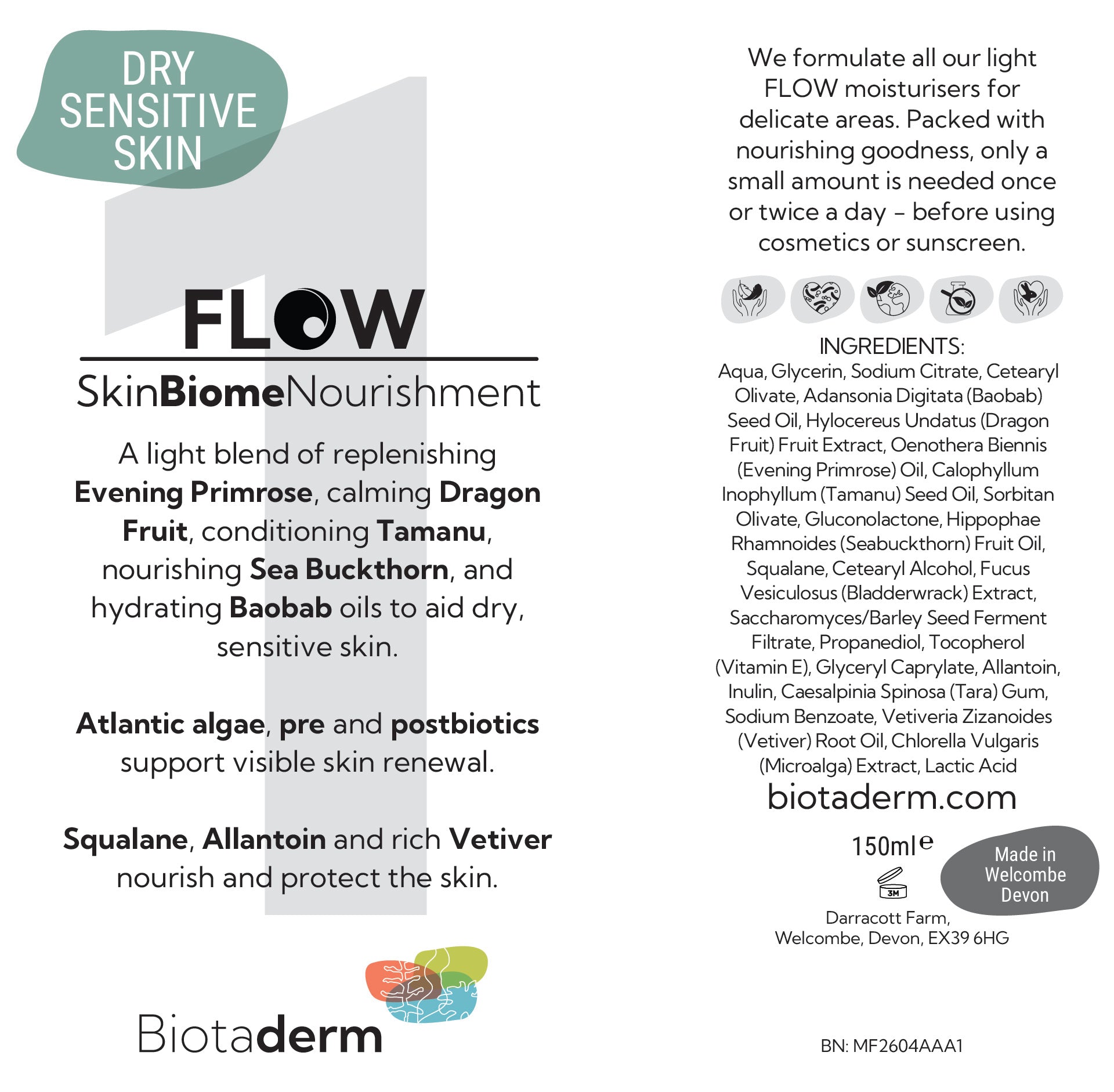 Product info sheet for Biotaderm Flow — Dry Sensitive, a light moisturiser for dry, sensitive skin. Features ingredients, benefits, and contact details in black text on a white background.
