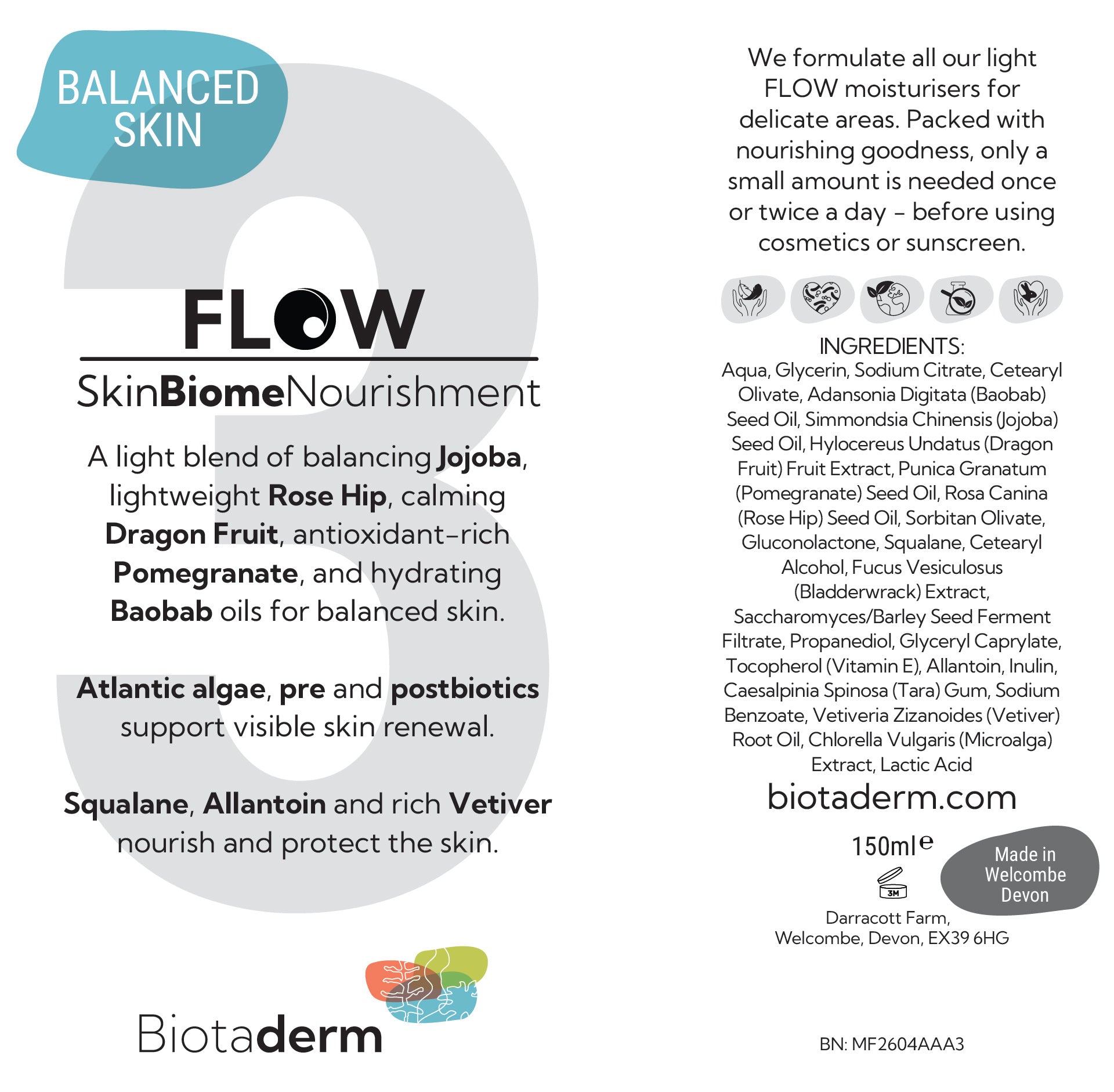 Product label for Biotaderm Flow — Balanced, a light face moisturiser for balanced skin. Includes ingredients, product benefits, and contact info. Features pale colors and a clean design.