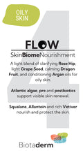 Biotaderm Flow — Oily is a light face moisturiser for oily skin, formulated with rose hip, grape seed, dragon fruit, and argan oils plus squalane and algae extracts to balance, hydrate, and support a healthy complexion.