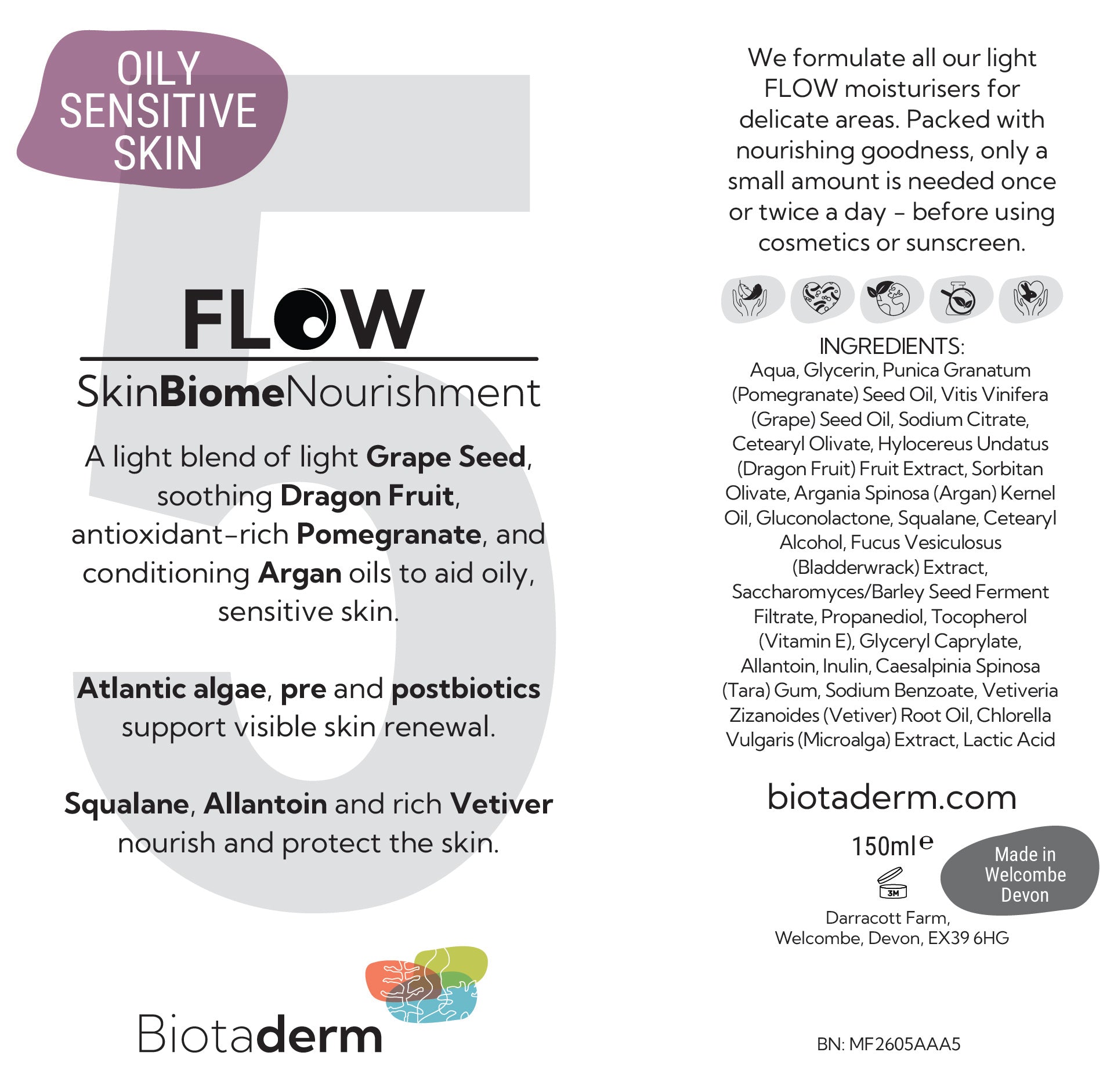 Biotaderm’s Flow — Oily Sensitive is a light face moisturiser for oily, sensitive skin featuring grape seed, dragon fruit, pomegranate, and cold-pressed oils on the product label.