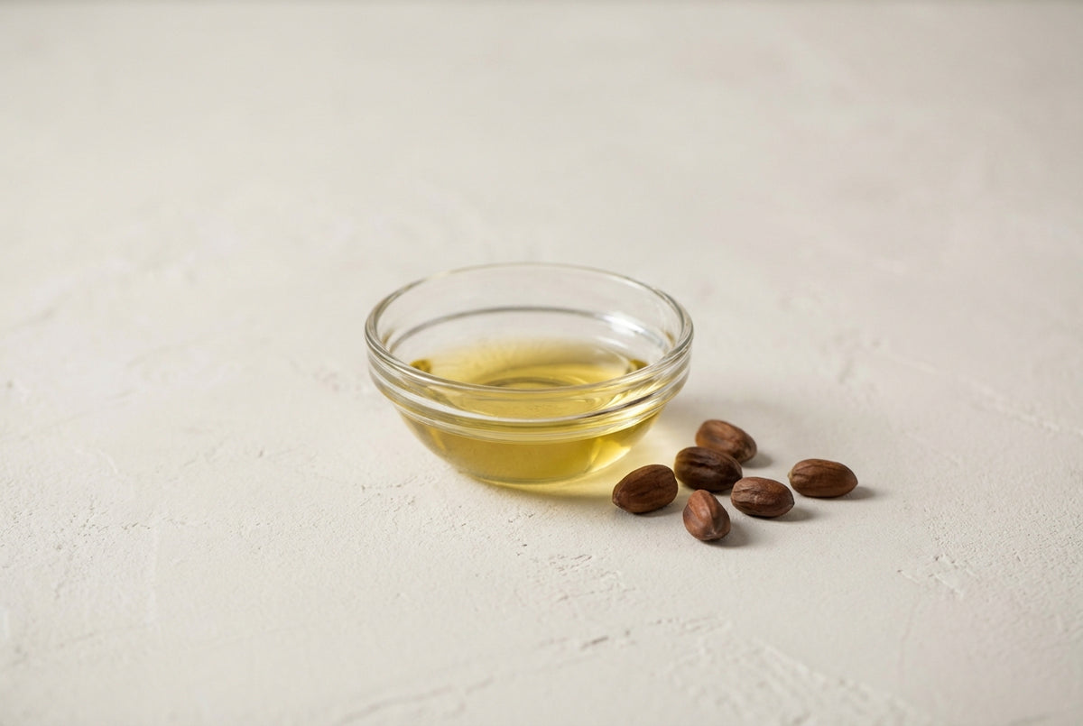 Jojoba, the golden liquid wax pressed from the seed of Simmondsia chinensis.