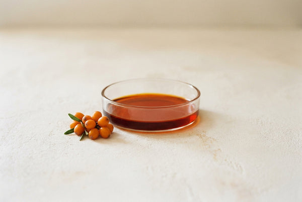 Sea buckthorn fruit oil, deep orange from its carotenoids.